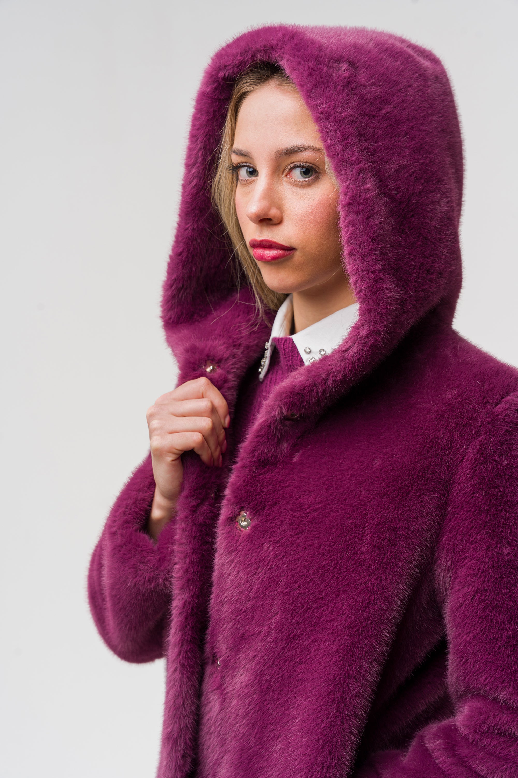 Faux fur coat with hood