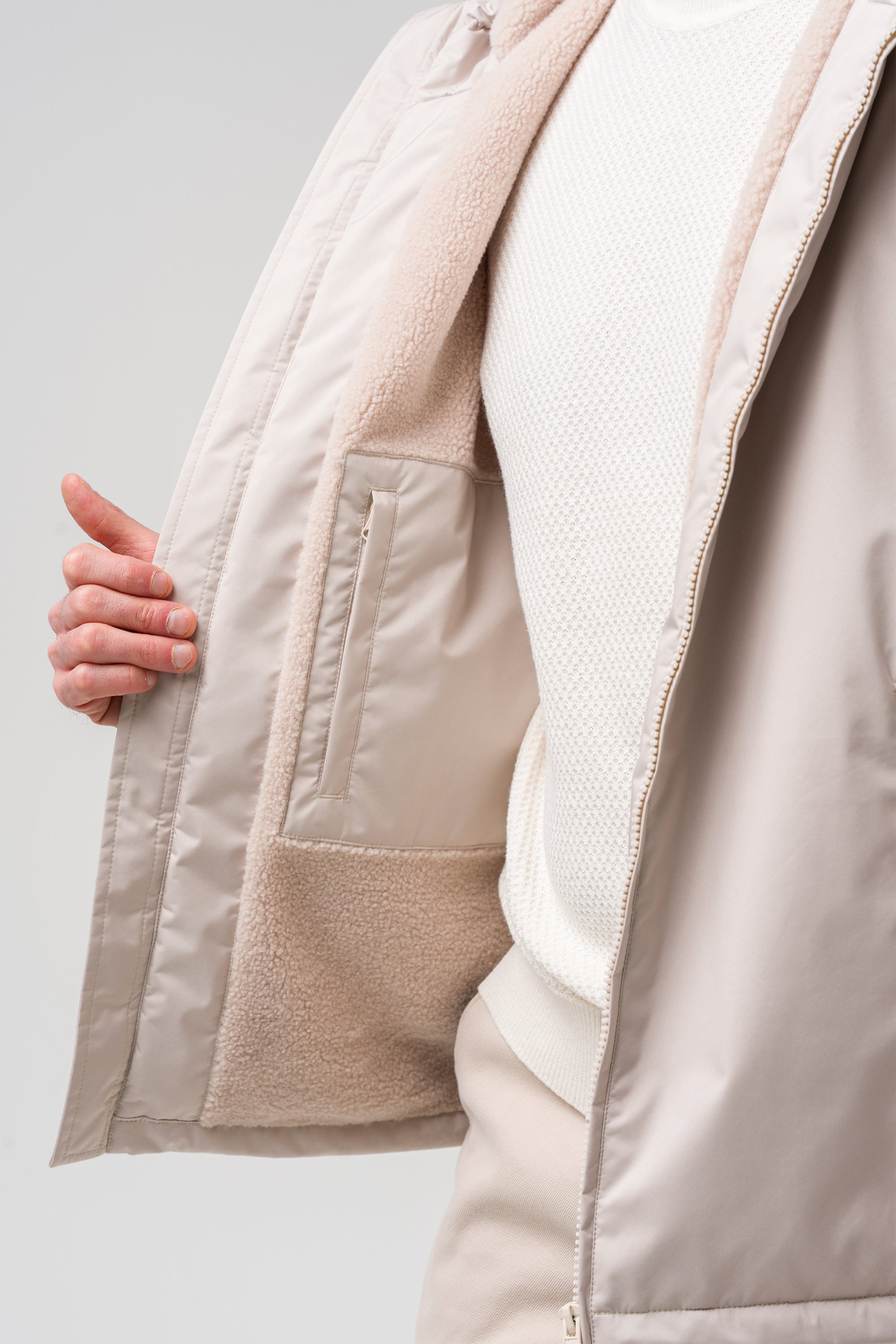 Waterproof jacket with hood and sherpa lining