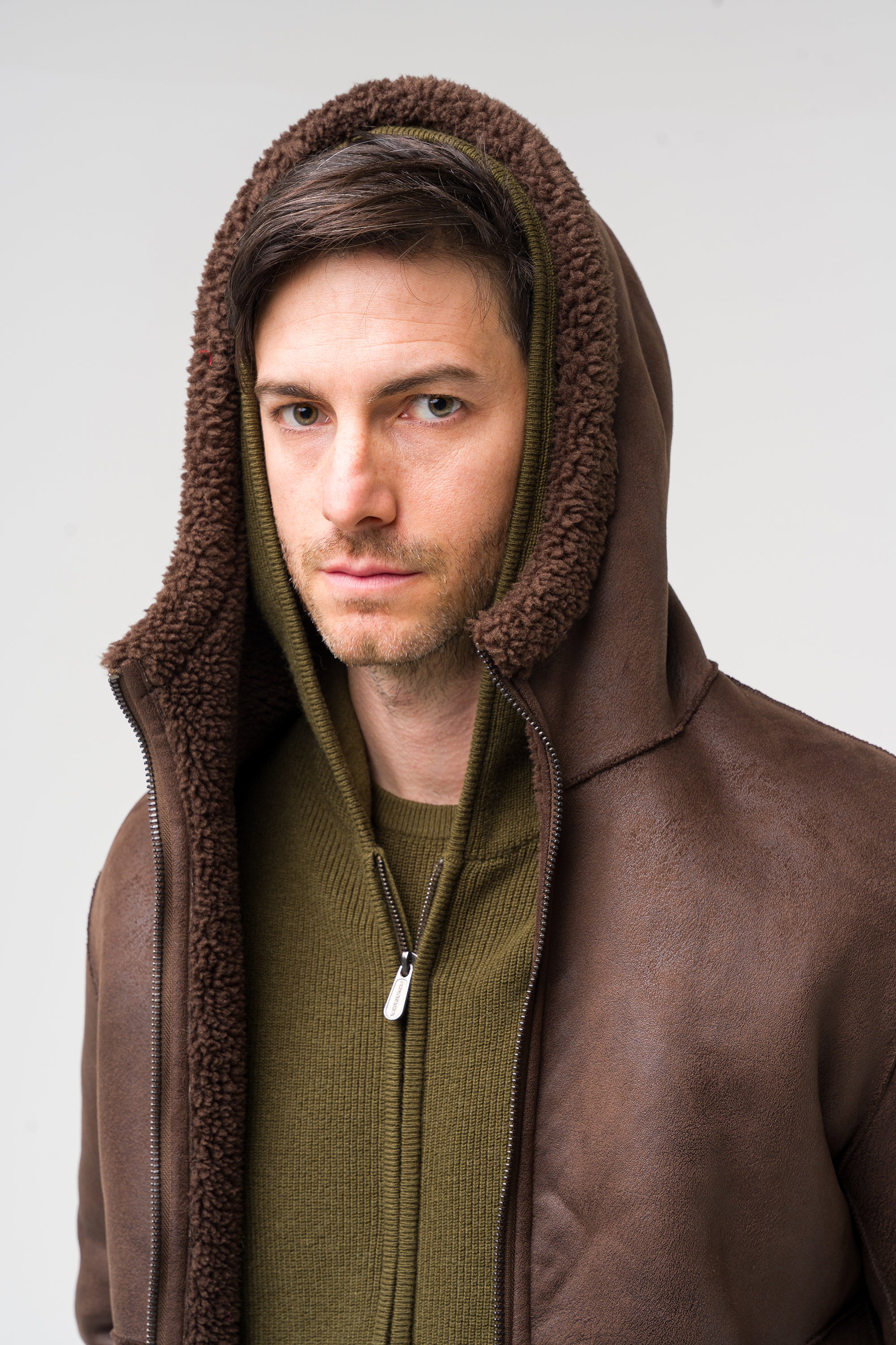 Short faux shearling jacket with hood